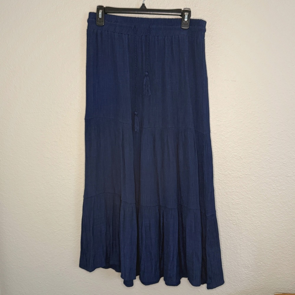 Cottage Coastal Boho Peasant Navy Tiered Maxi Skirt Gauze Tassel Size Medium
